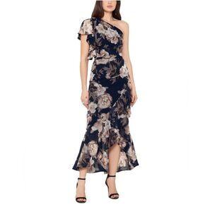 Betsy & Adam Midi One Shoulder Chiffon Navy Floral Dress Size 2